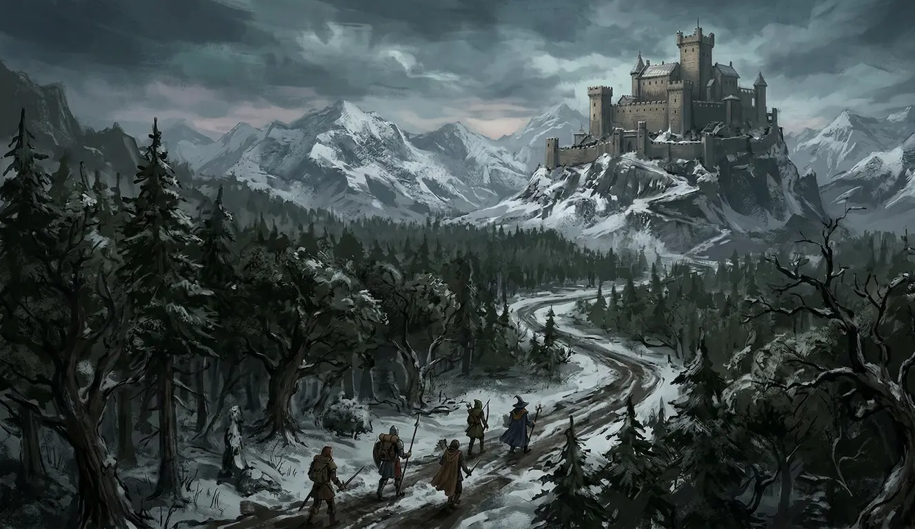 4 adventurers walking in a dark forest towards castle on snowy mountain in the far distance